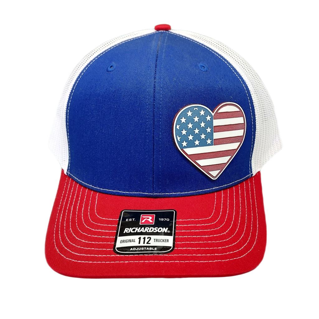 Acrylic Laser-Engraved USA Heart Patch – Trucker Hat Royal/ White/ Red, OSFM