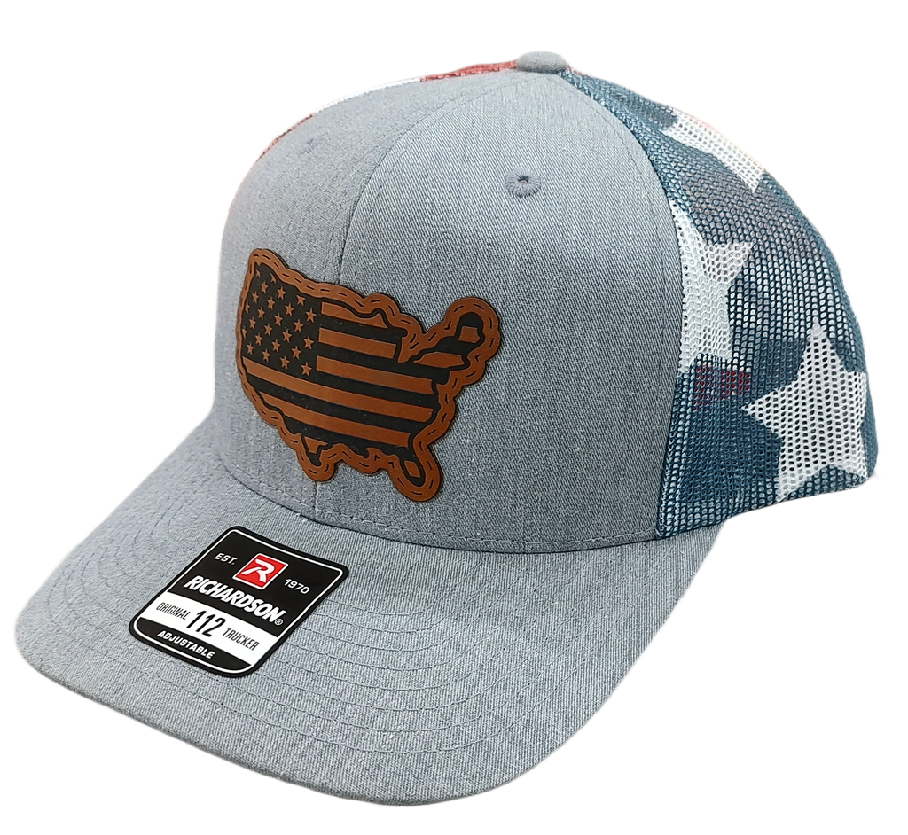 Leatherette Laser-Engraved USA Map Patch - Heather Grey/ Stars & Stripes, OSFM